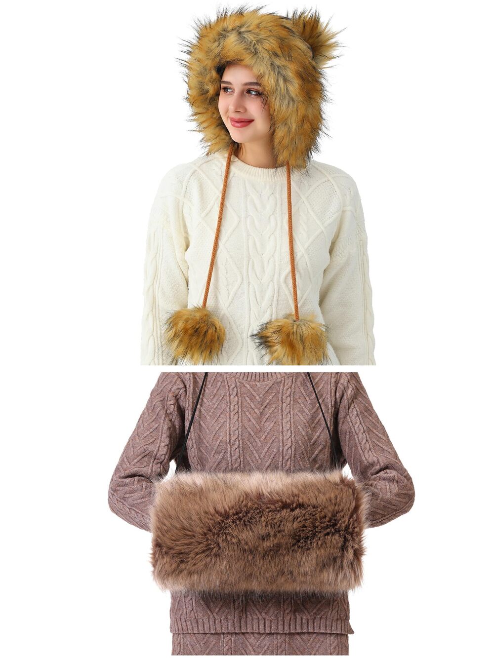 3754 Faux Fox Fur Pom Pom Hat and Hand Muffs 2pc Set